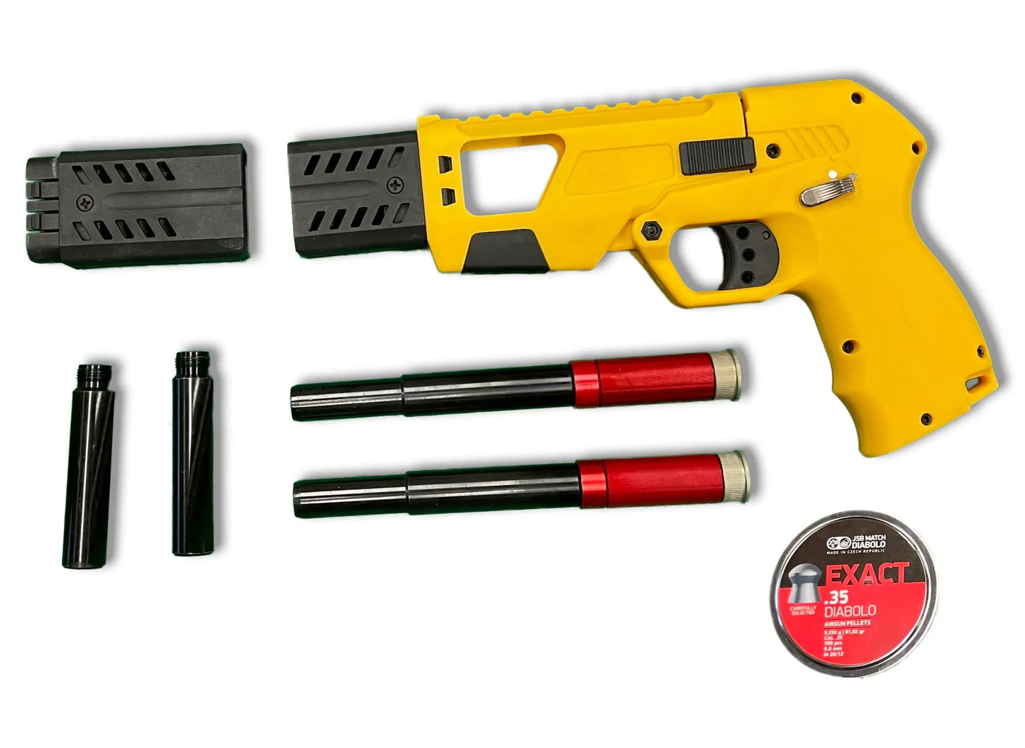 BinTac AEA Defender PCP Airgun yellow with 2 short Barrels and 2 long Barrels with Extension and .35 caliber pellets