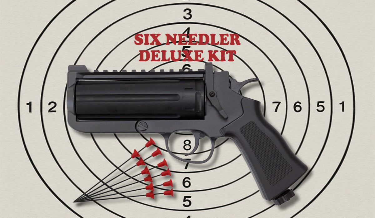 GoGun Six Needler Deluxe Kit black revolver 6 Arrows with tail background a target