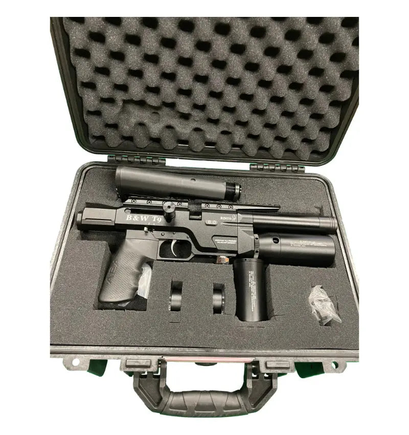BinTac T9 PCP Airgun with folding rear stoch and 2 Mags in TSA Approved Hard Carrying Case