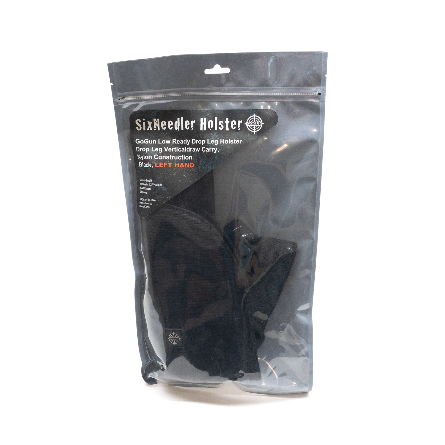 GoGun SixNeedler Drop Leg Holster in packageleft hand model
