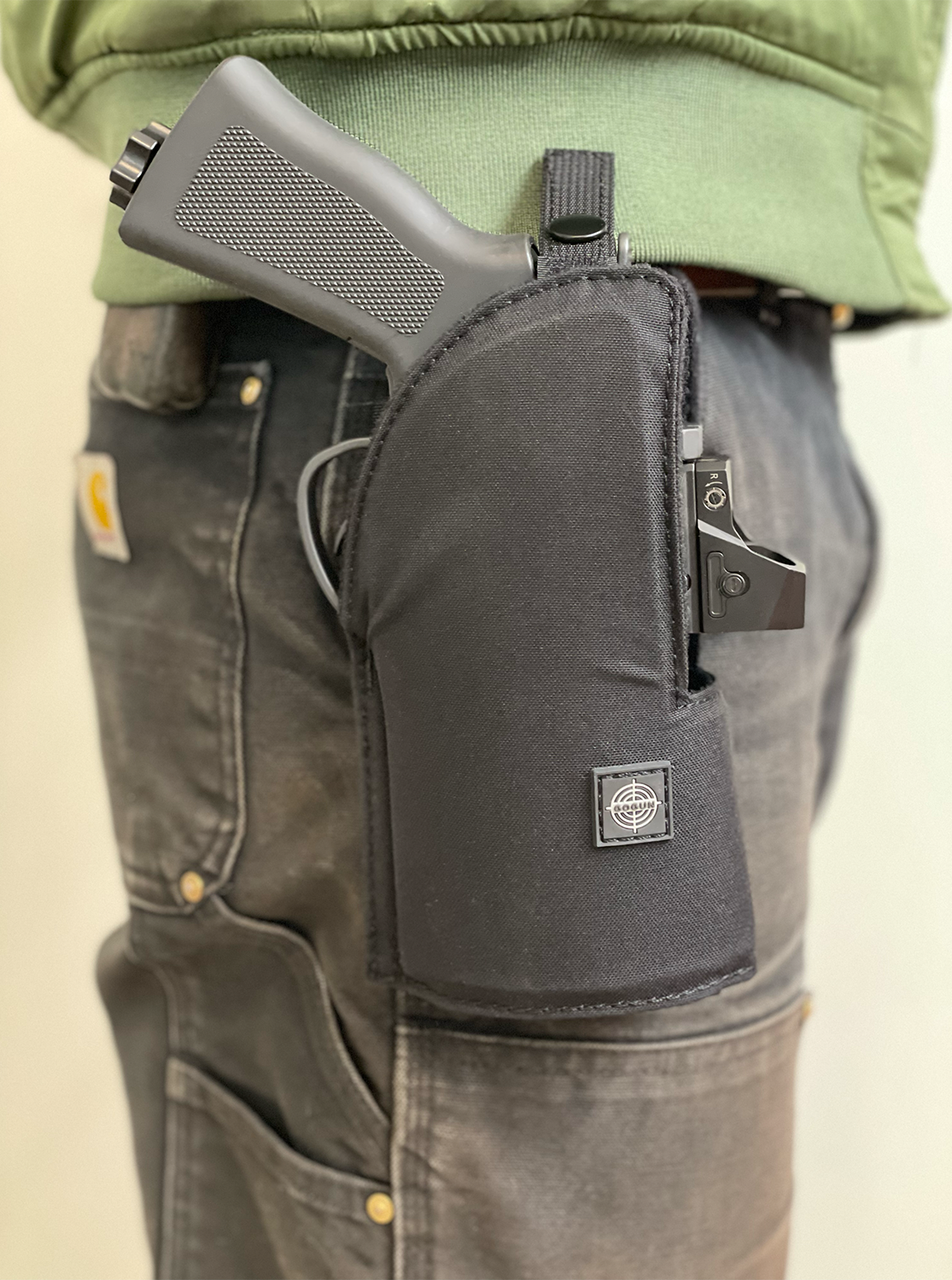GoGun SixNeedler Drop Leg Holster with sixneedler in the Holster. wearing on the right side of leg. side view