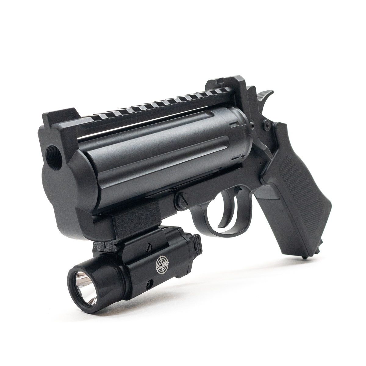 SixNeedler with flashlight on bottom rail, diagonal view
