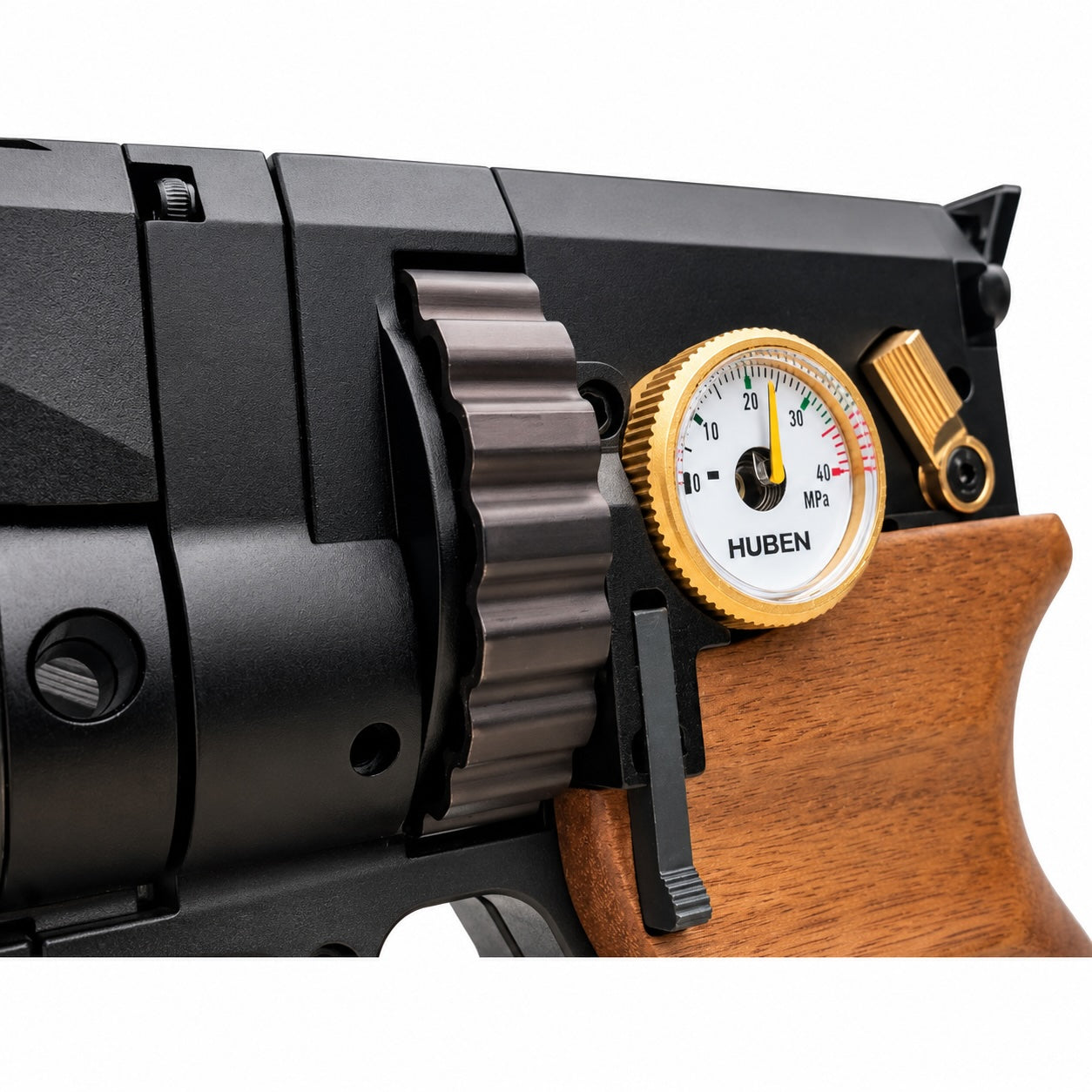 Huben GK1 V3 PCP Semi-Auto Air Pistol 16 Joule detail view pressure gage