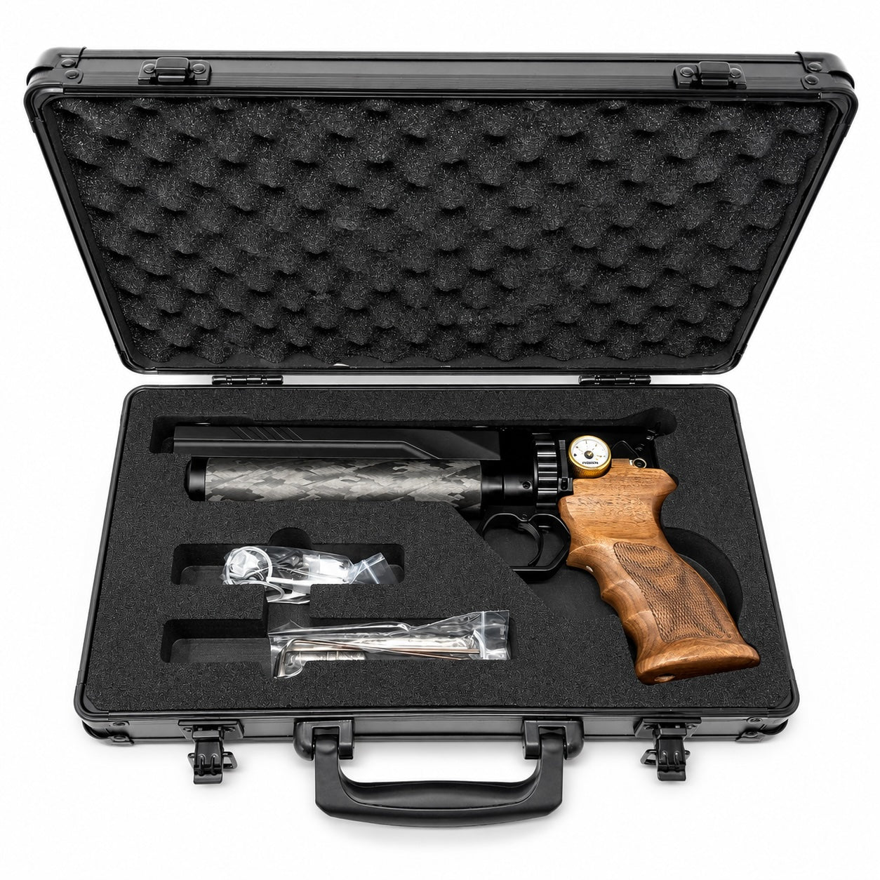 Huben GK1 V3 PCP Semi-Auto Air Pistol 16 Joule in a metal transporting case with accessories