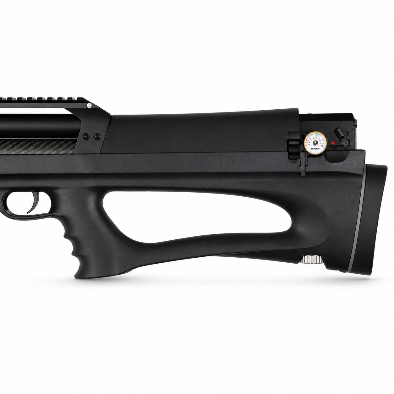 Huben K1 16 Joule Semi-Automatic PCP Bullpup – Synthetic Stock rear close up view with pressure gage