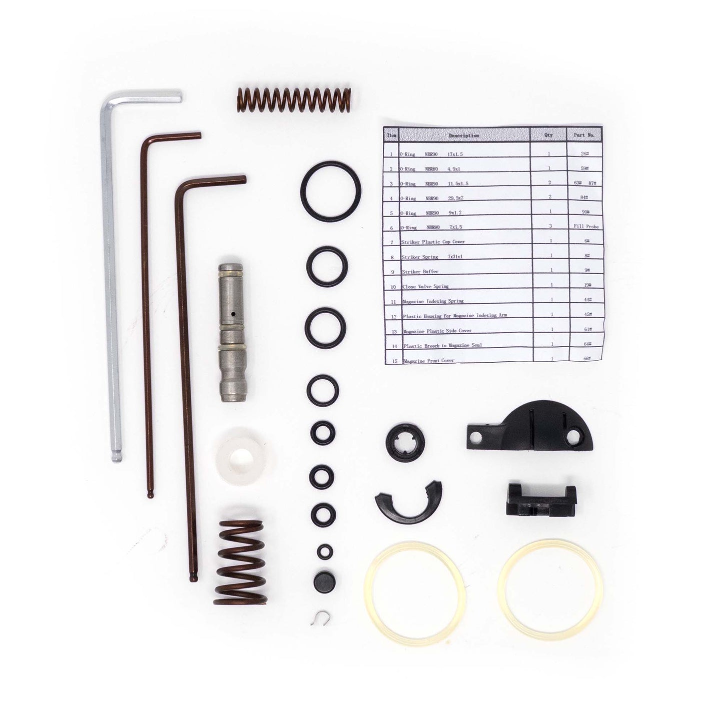 huben gk1-spare-parts-orings, springs, valves, Allen key, displayed